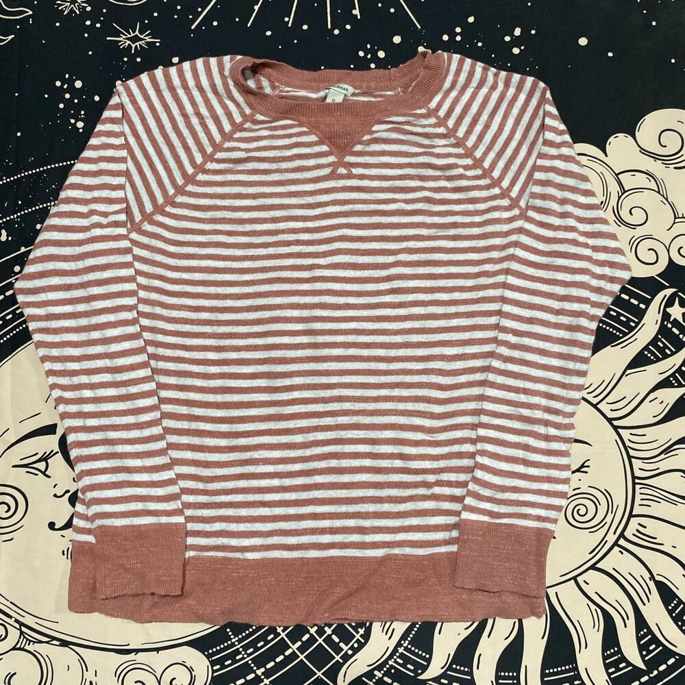 L.L.Bean Sweater Women's XLT Brown Striped Cotton Knitted Raglan Sleeve Preppy